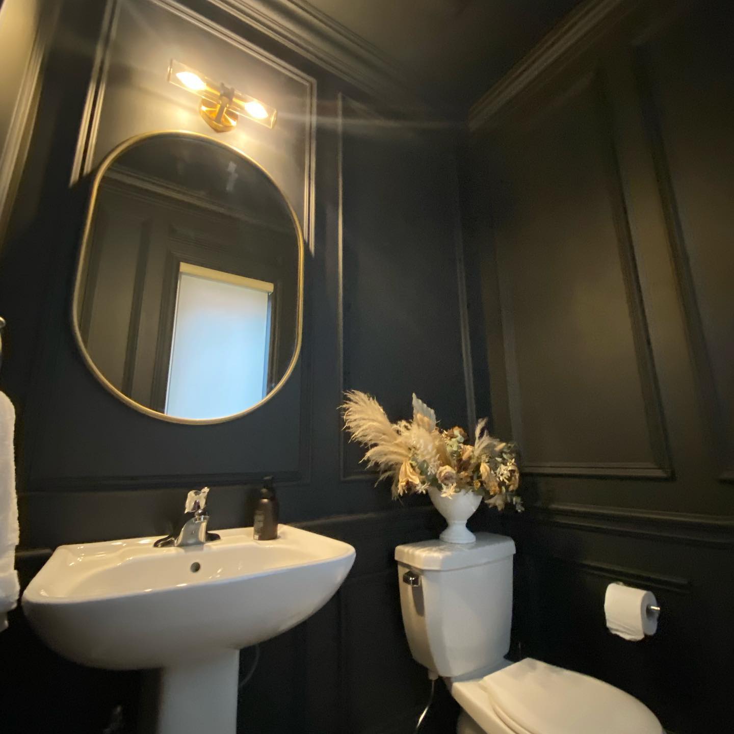 Powder room with dark panelled walls and oval mirror