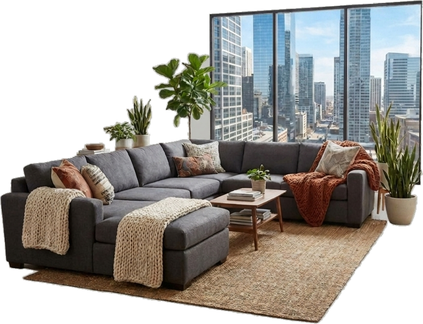 Modern living room with a grey sectional, jute rug, plants and a city view